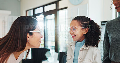 Buy stock photo Eyewear, optometry or vision with child and woman in hospital for appointment, checkup and eye care. Frame, glasses or prescription with girl and optometrist in clinic for ophthalmology consulting