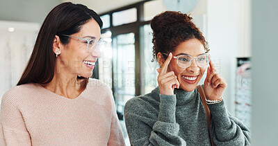 Buy stock photo Optician, woman and shopping with glasses choice in retail store for frame fitting, prescription lens and eye care. Optometry service, happy or customer with spectacles decision and vision correction