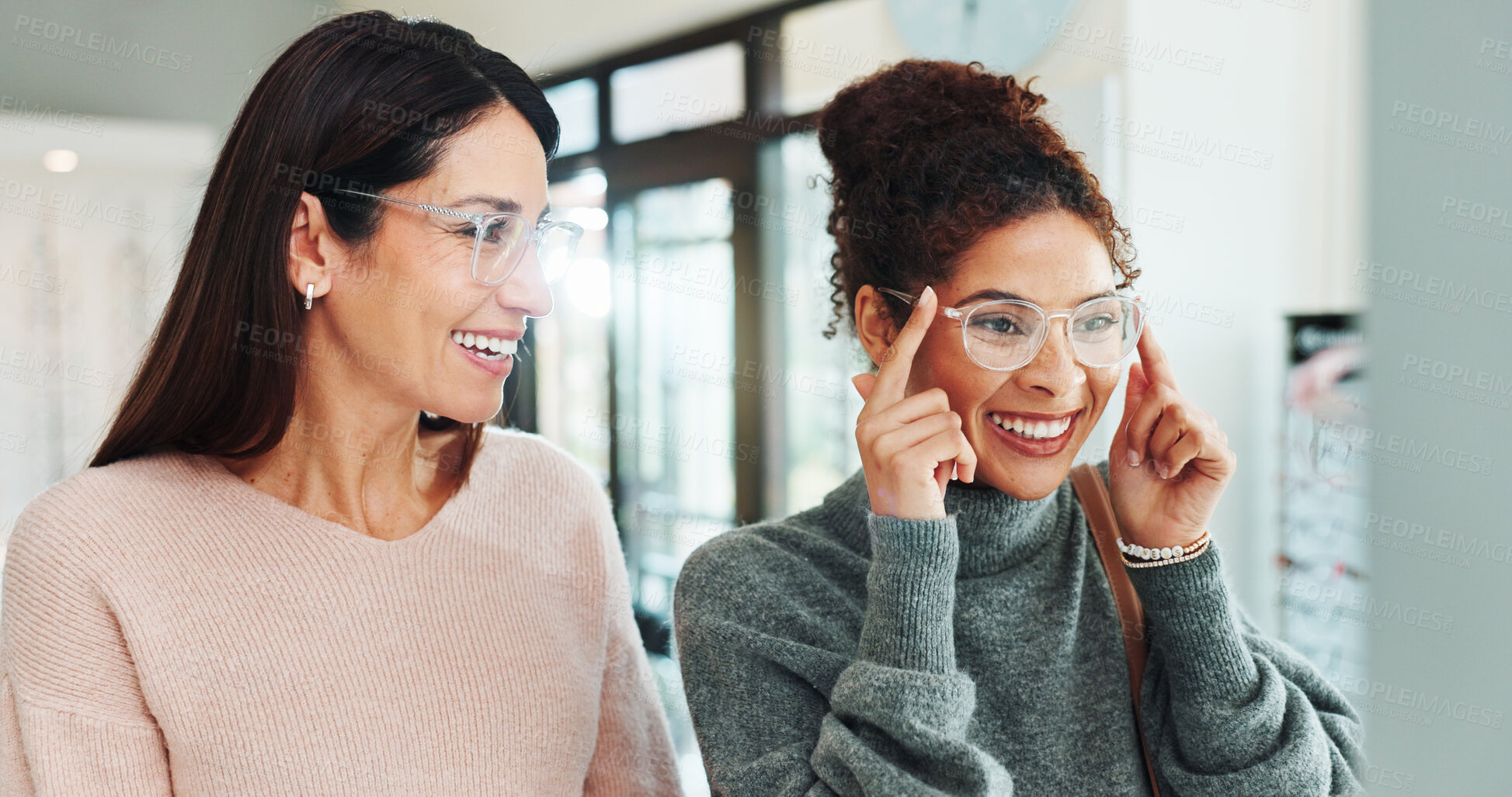 Buy stock photo Optician, woman and shopping with glasses choice in retail store for frame fitting, prescription lens and eye care. Optometry service, happy or customer with spectacles decision and vision correction