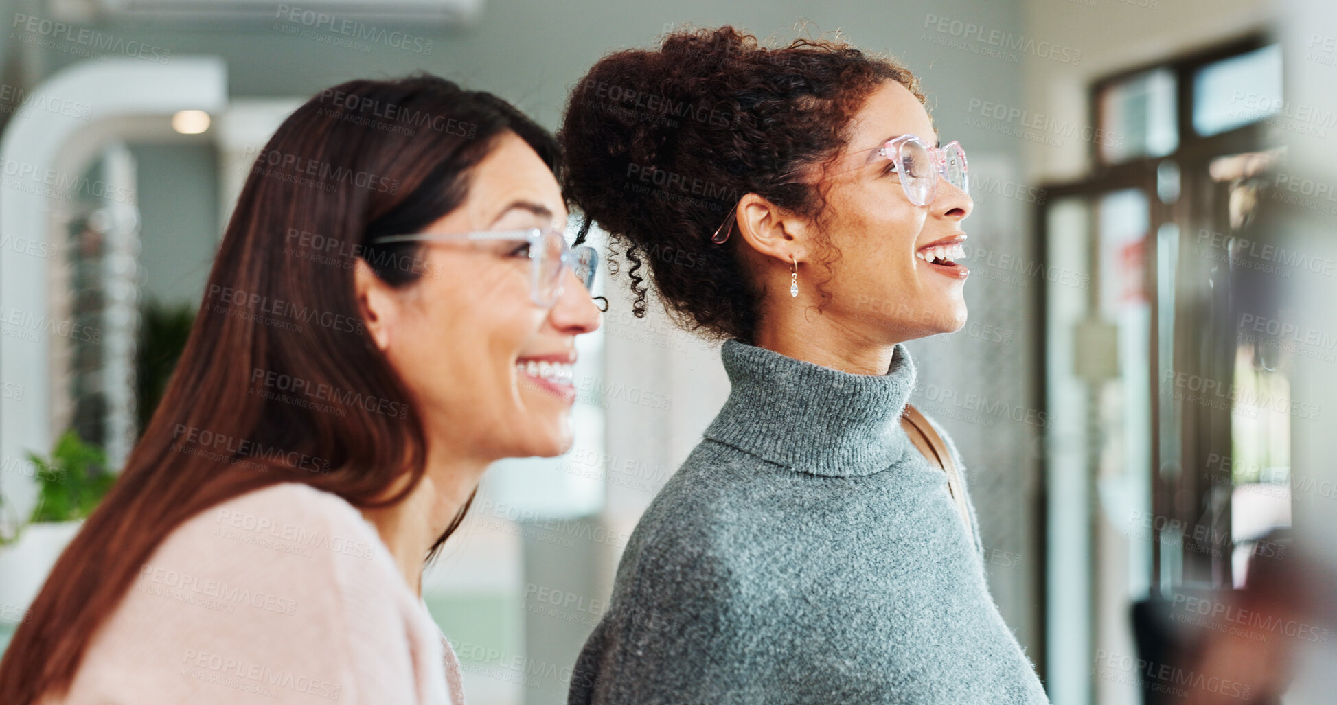 Buy stock photo Optometry, women and client with glasses, consultation and friendly service with clear vision. Help, customer and professional in store, lenses and advice for designer frame, smile and eyewear