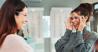 Buy stock photo Glasses shopping, happy and woman with optician in retail store for eyewear choice, laughing and funny joke. Optometry service, person or customer with spectacles fitting for optical health or vision