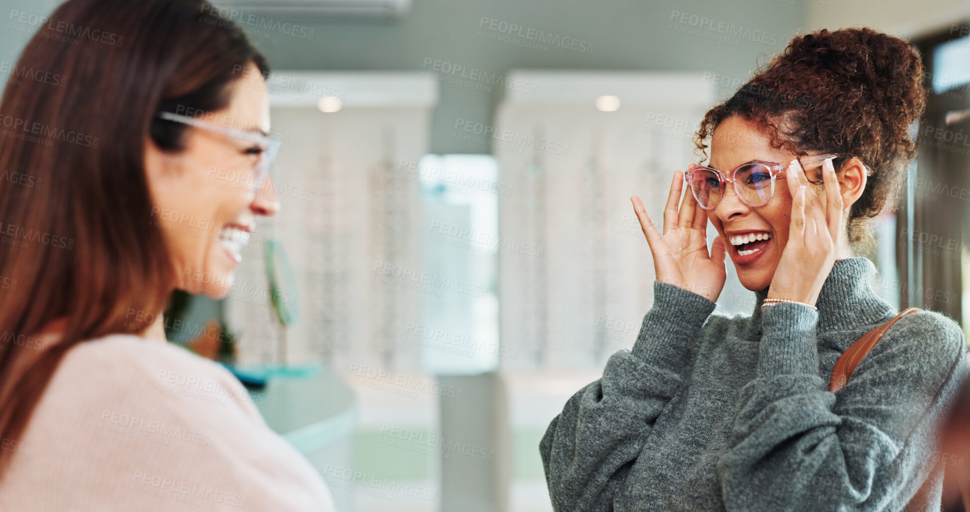 Buy stock photo Glasses shopping, happy and woman with optician in retail store for eyewear choice, laughing and funny joke. Optometry service, person or customer with spectacles fitting for optical health or vision