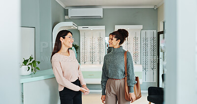 Buy stock photo Appointment, consulting or vision with optometrist and woman in clinic for prescription lenses. Checkup, eyewear or glasses with client and ophthalmologist in optometry workplace for corrective frame