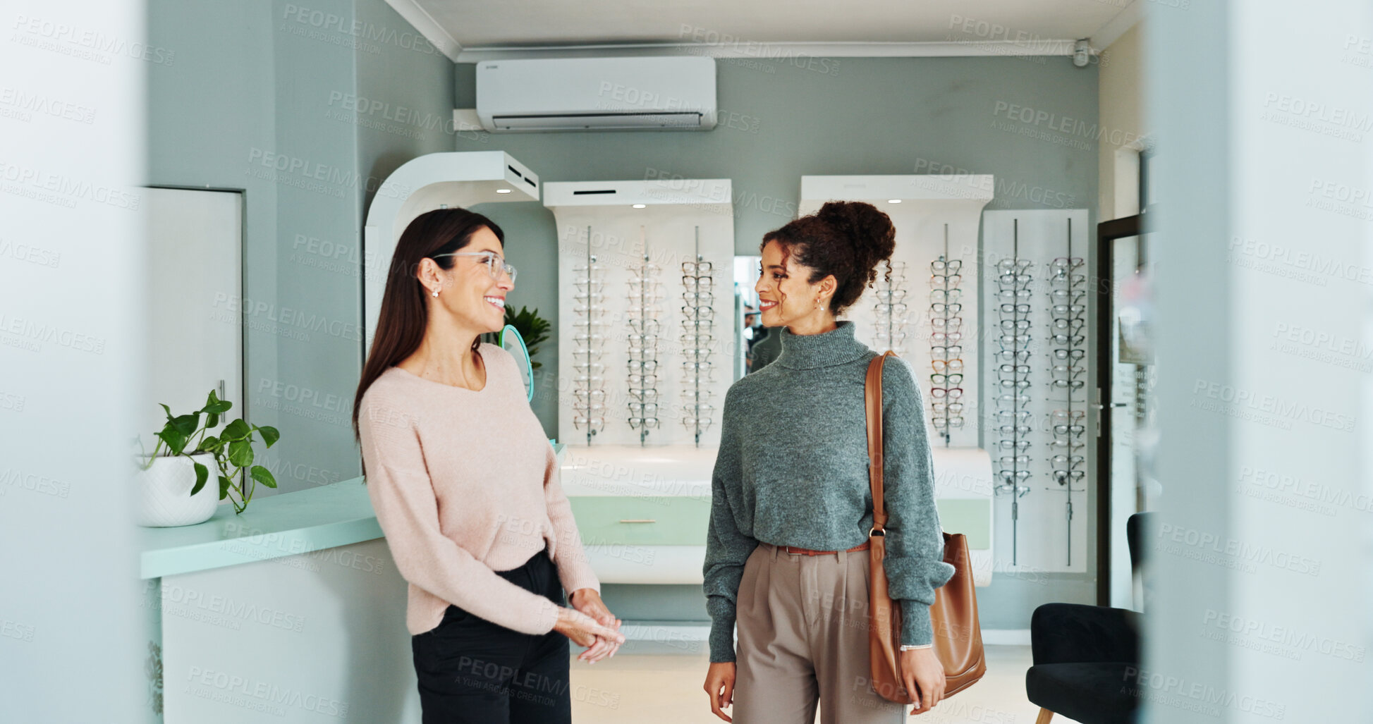 Buy stock photo Appointment, consulting or vision with optometrist and woman in clinic for prescription lenses. Checkup, eyewear or glasses with client and ophthalmologist in optometry workplace for corrective frame
