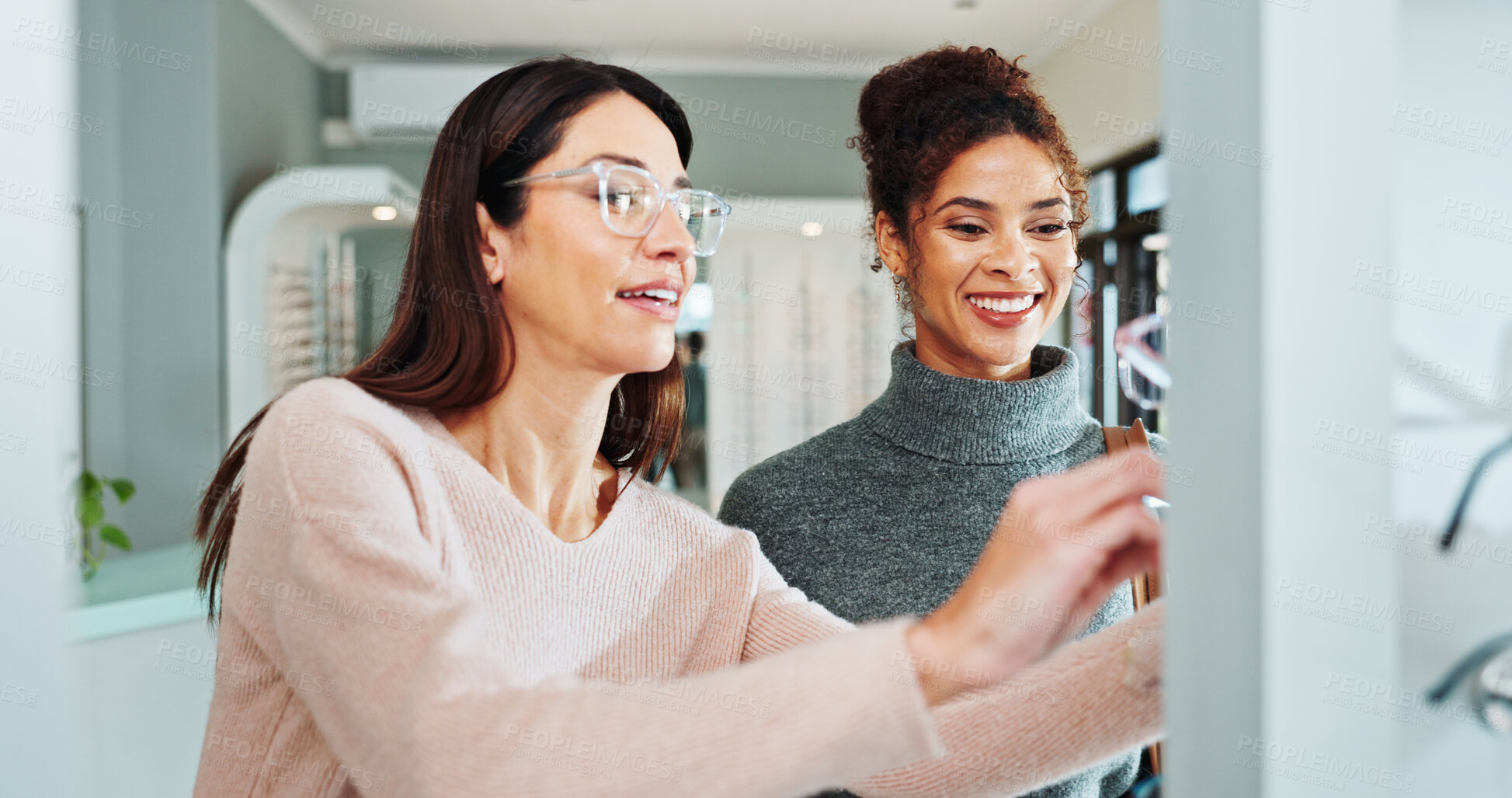 Buy stock photo Optometry, woman and customer with glasses shopping for eye care, prescription lens and frame choice in optical store. Eyewear fitting, optician and happy person with spectacles sale and healthcare