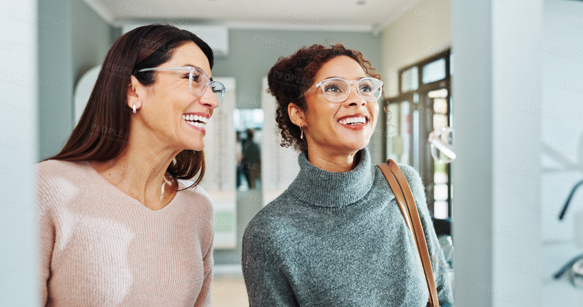 Buy stock photo Optometry, women and client with glasses, smile and friendly service with consultation. Help, customer and professional in store, trust and advice for designer frame decision, eyewear or clear vision