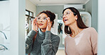 Optician, woman and shopping glasses with decision for prescription lens, frame fitting and eyewear choice or option. Optometry service, customer and check spectacles for vision correction and size