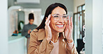 Eye care, woman and glasses shopping in mirror for frame fitting, prescription lens size and eyewear choice. Mature person, checking and happy for vision correction and optical health in retail store