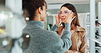Optometry, woman and customer with glasses shopping for vision, frame style or prescription lens in retail store. Eye care, optician and helping person with spectacles fitting, optical health or size