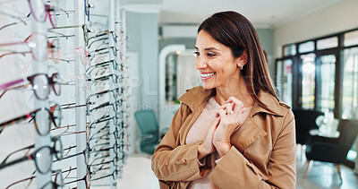 Buy stock photo Happy woman, customer and glasses with lens at store for optometry, eyewear or care at shop. Female person, frames and smile with spectacles for sight, vision or choice at optician or optometrist