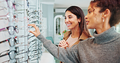 Buy stock photo Eye care, woman and customer with glasses shopping for eyesight, lens correction or frame style choice. Optician, person and happy with spectacles option for vision prescription or healthcare service