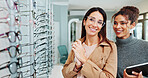 Happy woman, customer and optometrist with glasses at store for optometry, eyewear lens or care at shop. Female person, frames and smile with spectacles for sight, vision aid or choice at optician