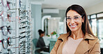 Happy woman, customer and eyesight with glasses at store for optometry, eyewear or care at shop. Female person, frames and smile with spectacles for sight, vision or choice at optician or optometrist