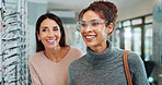 Optician, eye care and woman with glasses choice in optical store for frame fitting, designer eyewear or retail shopping. Optometry, customer and happy with spectacles size, vision correction or sale
