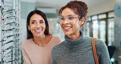 Buy stock photo Optician, eye care and woman with glasses choice in optical store for frame fitting, designer eyewear or retail shopping. Optometry, customer and happy with spectacles size, vision correction or sale