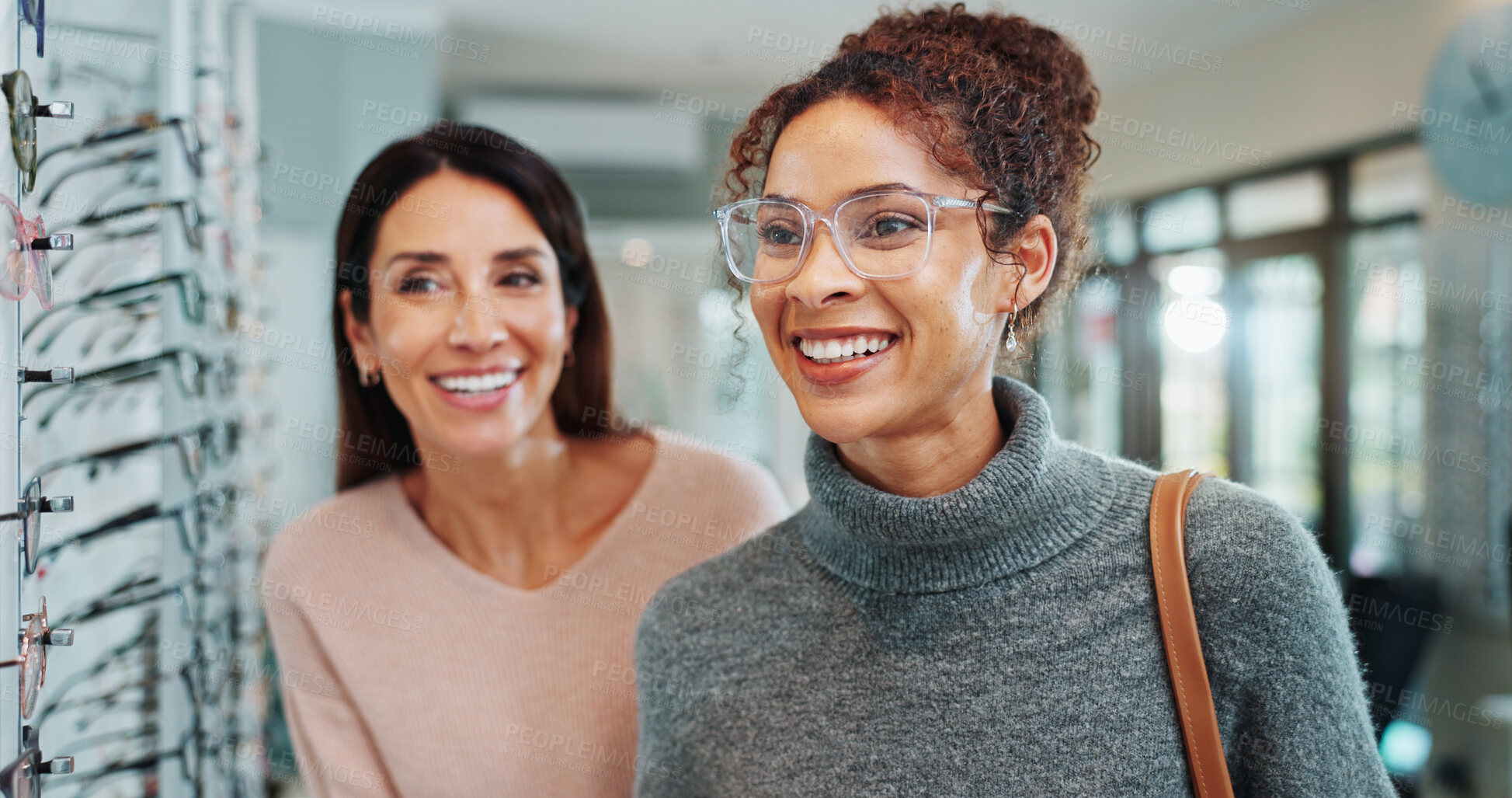 Buy stock photo Optician, eye care and woman with glasses choice in optical store for frame fitting, designer eyewear or retail shopping. Optometry, customer and happy with spectacles size, vision correction or sale