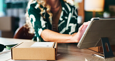 Buy stock photo Box, hand on tablet and small business with person at desk in office for delivery or shipping schedule. App, logistics and supply chain with employee closeup in warehouse for ecommerce tracking