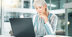 Business, thinking and woman with laptop, reading and planning for company growth, online and bokeh. Corporate, entrepreneur and mature person with tech, serious and ideas for investment in office