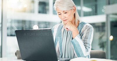 Buy stock photo Business, thinking and woman with laptop, reading and planning for company growth, online and bokeh. Corporate, entrepreneur and mature person with tech, serious and ideas for investment in office