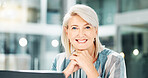 Portrait, smile and mature woman with laptop, journalist and confident for career growth in newsroom. Bokeh, reporter and person with tech for story, ambitious and happiness for business in Canada