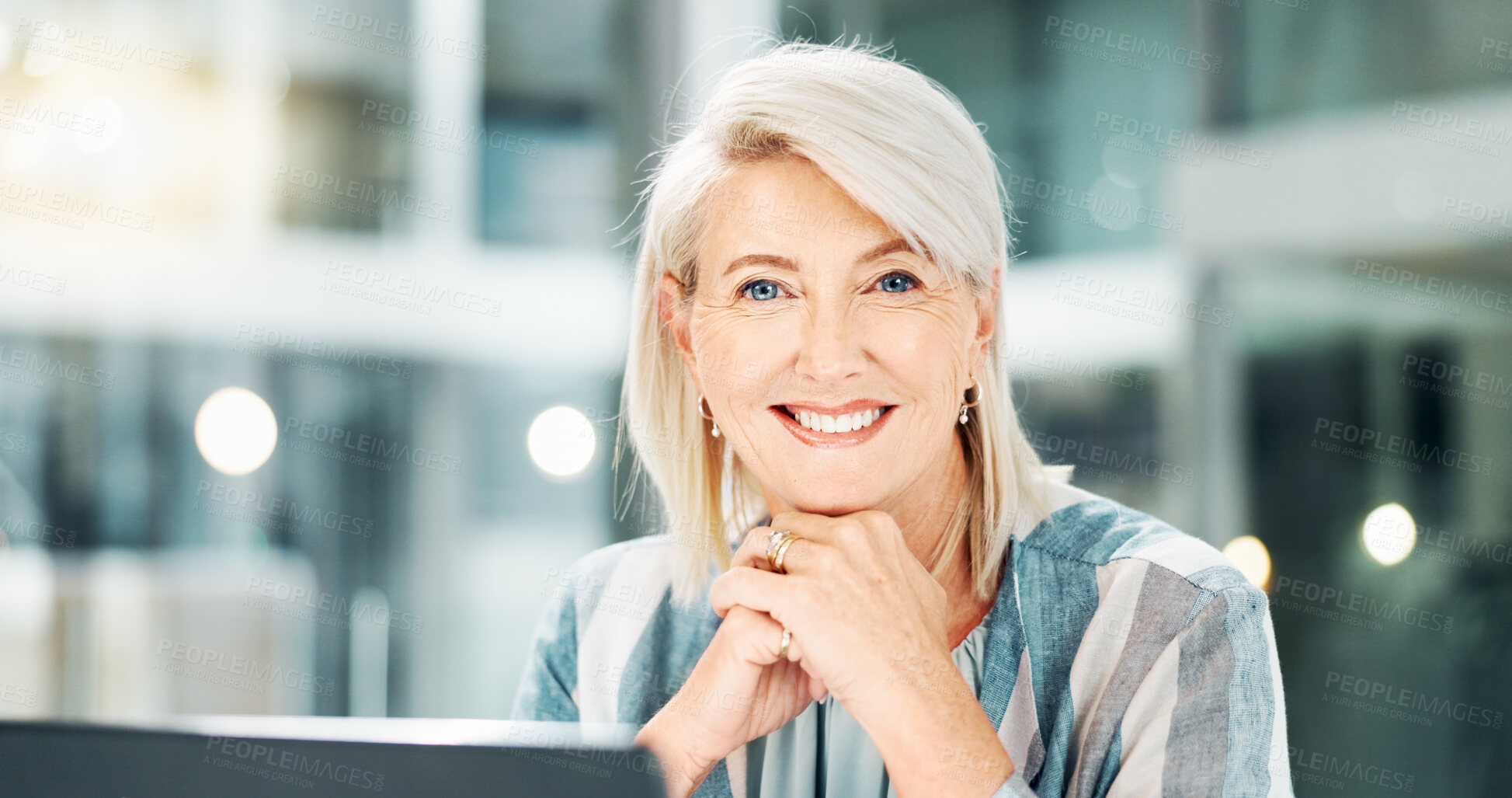 Buy stock photo Portrait, smile and mature woman with laptop, journalist and confident for career growth in newsroom. Bokeh, reporter and person with tech for story, ambitious and happiness for business in Canada