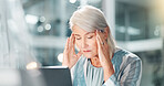 Business, headache and woman in office, stress and financial advisor with deadline for revenue report. Mature person, consultant and employee in workplace, migraine and pressure with health risk