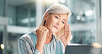 Business, headache and woman with laptop, pain and financial advisor with deadline for revenue report. Mature person, burnout and employee in office, migraine and pressure with health risk or stress