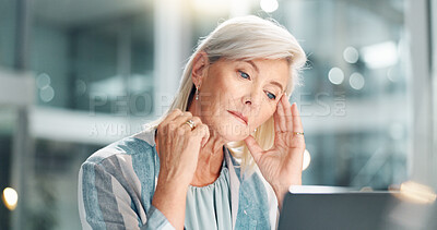 Buy stock photo Business, headache and woman with laptop, pain and financial advisor with deadline for revenue report. Mature person, burnout and employee in office, migraine and pressure with health risk or stress