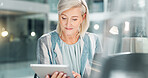 Business, happy and woman with tablet, reading and planning for company growth, thinking and bokeh. Corporate, entrepreneur and mature person with laptop, online and ideas for investment in office