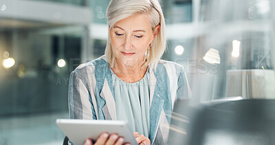 Buy stock photo Business, happy and woman with tablet, reading and planning for company growth, thinking and bokeh. Corporate, entrepreneur and mature person with tech, online and ideas for investment in office