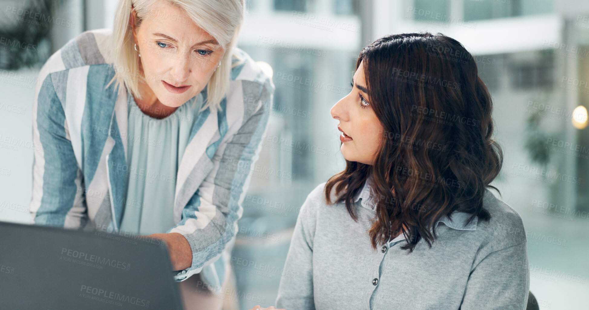 Buy stock photo Teamwork, computer and help with business people in office for research, planning and journalist advisor. Coaching, mentor and collaboration with employees in agency for discussion and article editor