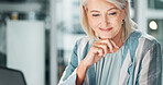 Business, thinking and mature woman with laptop, entrepreneur and planning for company growth or web. Corporate, contemplating and person with tech, opportunity and ideas for investment in office