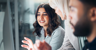 Buy stock photo Teamwork, computer and mentor with business people in office for research, planning and journalist advisor. Coaching, help and collaboration with employees in agency for discussion and article editor