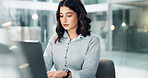 Woman, laptop and typing in office for business, connectivity and article review in agency. Reporter, research and draft on computer for email feedback, story development or reading report for career