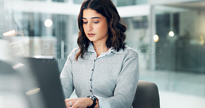 Buy stock photo Woman, laptop and typing in office for business, connectivity and article review in agency. Reporter, research and draft on computer for email feedback, story development or reading report for career