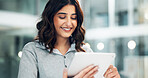 Woman, tablet and smile in office for business, connectivity and article review in agency. Reporter, research and happy with tech for positive feedback, story development or reading report for career