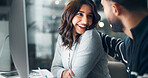 Romance, couple and woman with smile, office and working late for project, happiness and people with affair. Bonding, secret love and coworkers in relationship, night and conversation in business