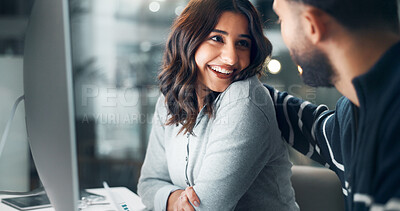 Buy stock photo Collaboration, couple and woman with smile, office or working late for deadline of project or happy. Night, colleagues and man with support for assignment, help and people in relationship or business