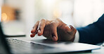 Laptop, hand and businessman in office for research with finance report for planning budget. Touchpad, scroll and closeup of male financial manager with online investment for company in workplace.