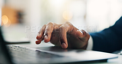 Buy stock photo Laptop, hand and businessman in office for research with finance report for planning budget. Touchpad, scroll and closeup of male financial manager with online investment for company in workplace.