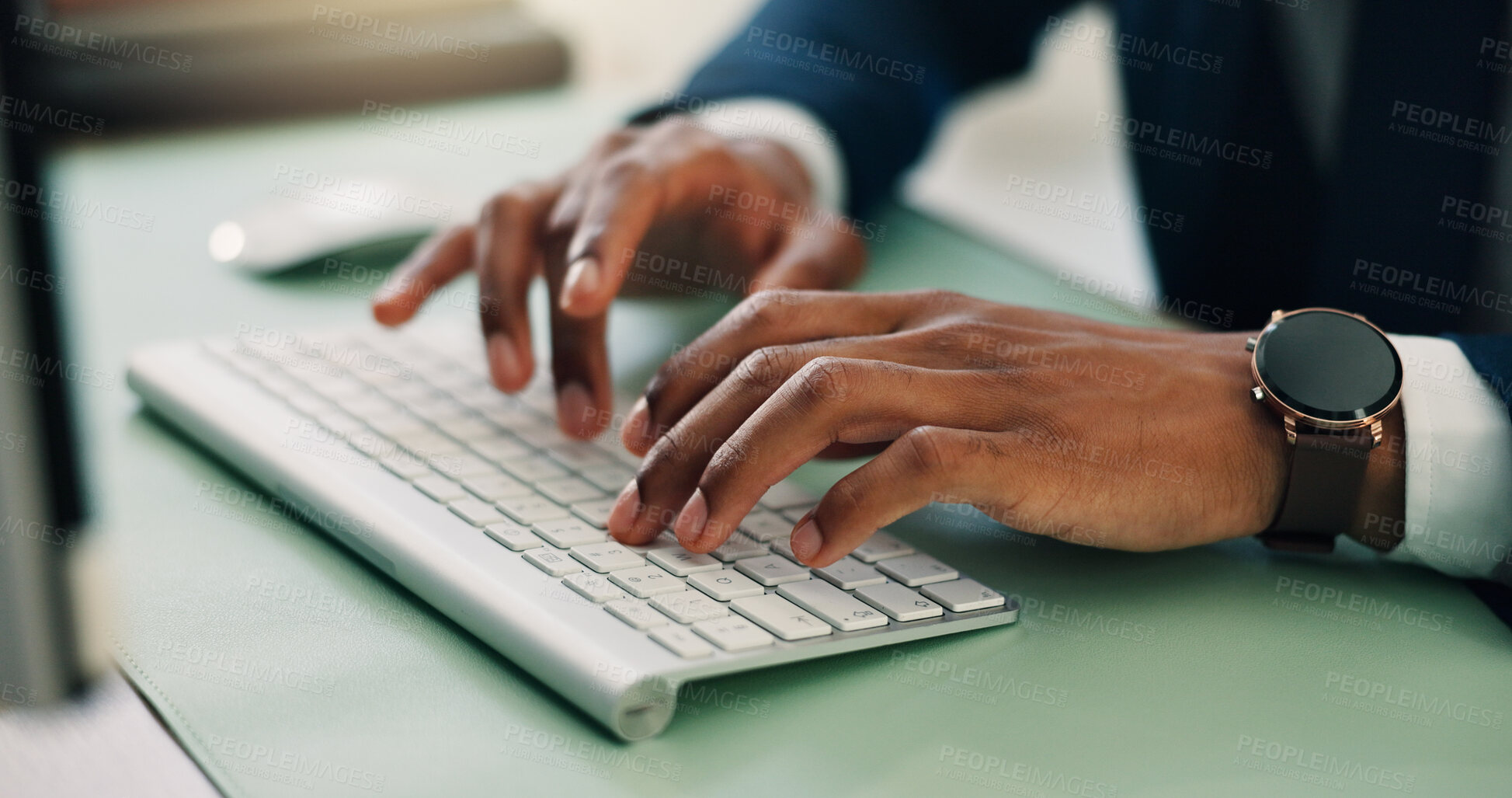 Buy stock photo Business person, hands and typing with keyboard for email, online communication or browsing at office desk. Closeup, employee or researcher with computer for network, journalism or company report