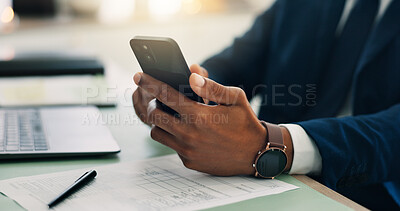 Buy stock photo Hands, business and person with phone in office for schedule, budget application and finance research. Man, mobile and financial document, email feedback and audit report for investment negotiation
