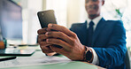 Hands, corporate and man with phone in office for schedule, budget application and finance research. Person, mobile and financial document, email feedback and audit report with investment negotiation