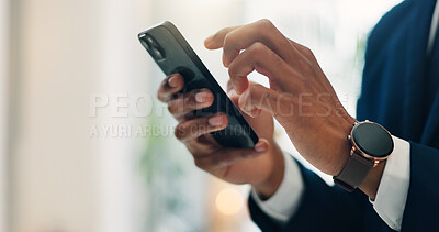 Buy stock photo Hands, businessman and typing with phone in office for communication, schedule update and finance report. Person, mobile app and budget management, email feedback and financial account of investment 