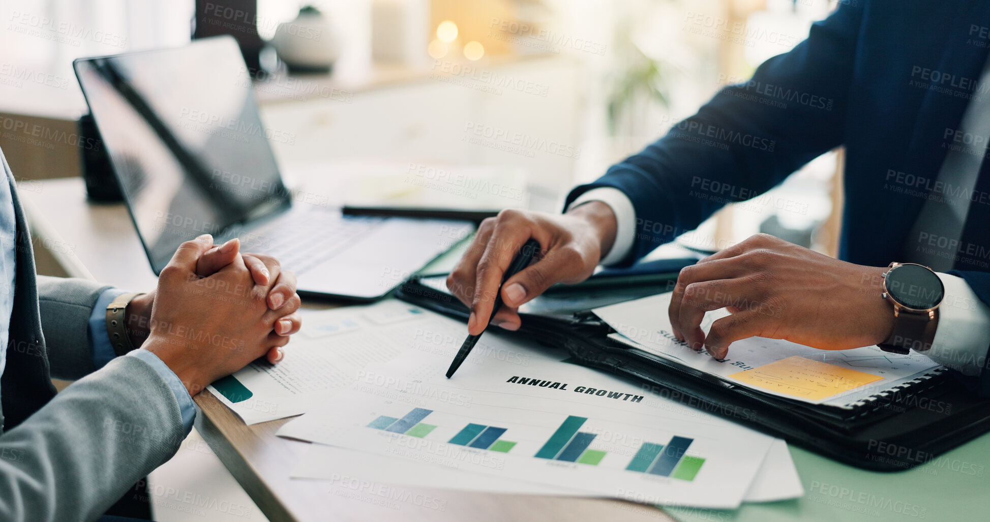 Buy stock photo Business people, hands and documents with laptop or statistics for company profit, growth or graph at office. Closeup, employees or analyst pointing with chart for financial revenue or performance