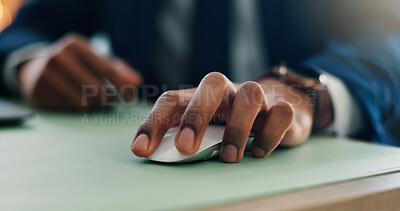 Buy stock photo Mouse, office and hands of business person on computer for research, internet and online project. Professional, corporate and closeup of worker on pc for finance report, feedback and website click