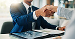 Handshake, contract and business men in office for meeting, partnership or thank you for investment. Deal, agreement and financial manager shaking hands with client for collaboration in workplace.