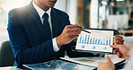 Business person, tablet screen and chart with statistics for financial discussion, profit or corporate revenue. Closeup, hands and employees with graph for company performance, overview or report