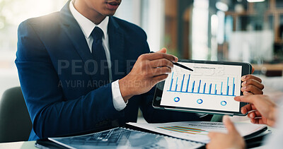 Business person, hands and tablet screen with statistics for financial discussion, profit or corporate revenue. People, employees or review with chart for company performance, overview or report