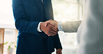 Shaking hands, deal and business men in office for meeting, partnership or thank you for investment. Contract, agreement and finance manager with client for handshake with collaboration in workplace.